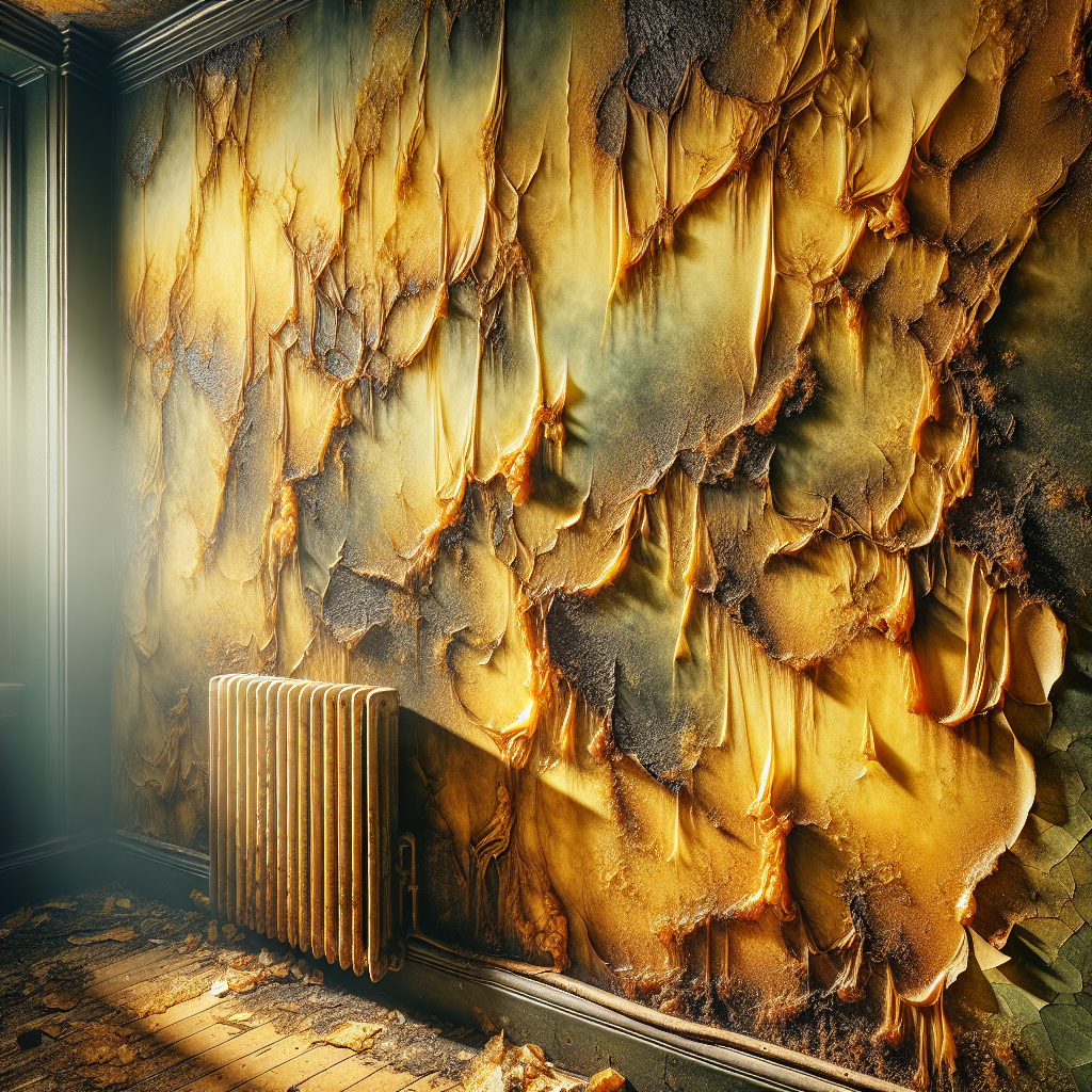 A close-up of severely yellowed and stained wallpaper in a dimly lit room, with a subtle, unpleasant yellowish-brown haze clinging to the surface, symbolizing a pervasive nicotine smell. The wallpaper texture should show visible grime and deep discoloration from years of smoke exposure.