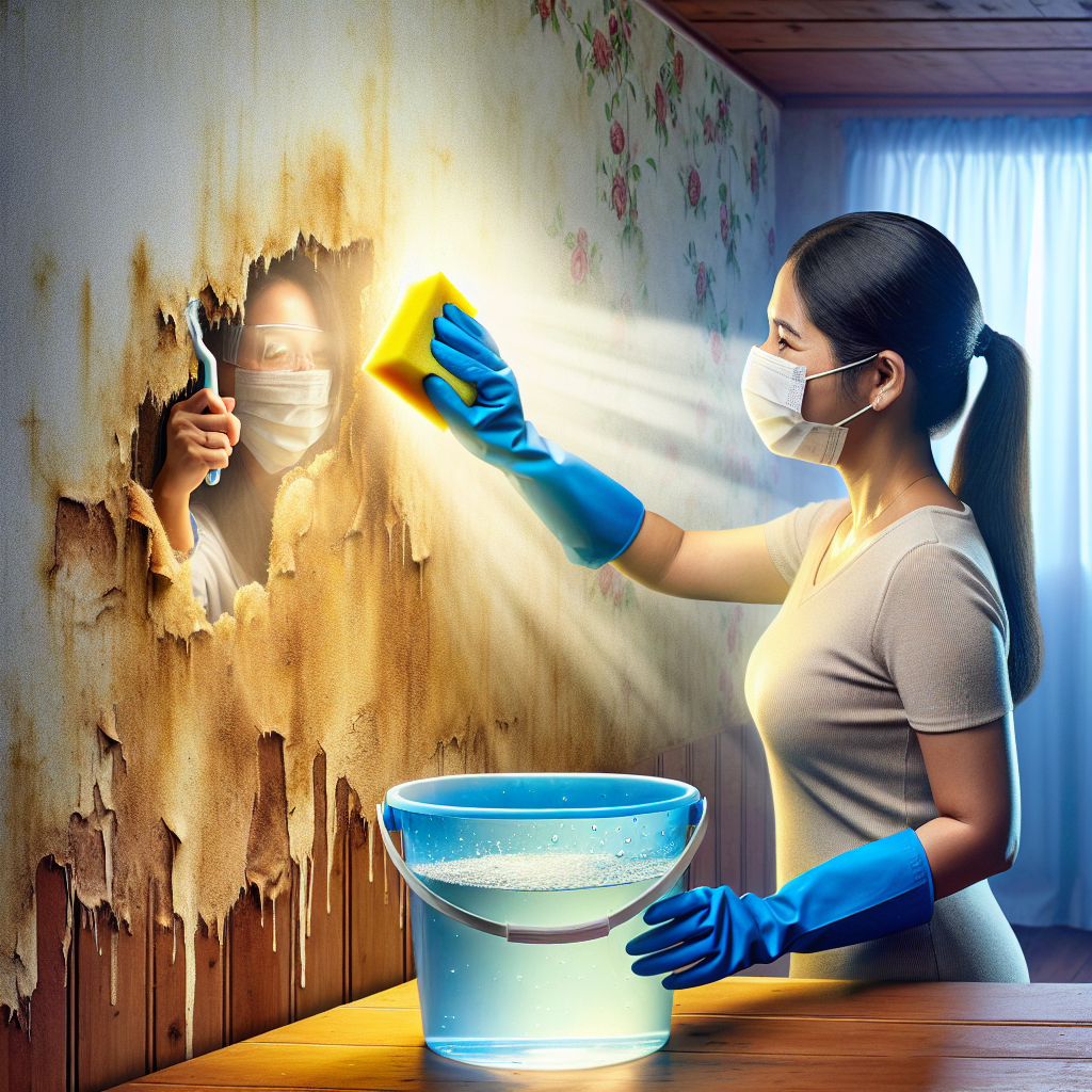 A person, wearing blue cleaning gloves and a white protective mask, diligently scrubbing a section of old, yellowed wallpaper with a wet sponge. The cleaned area on the wall should show a clear, bright contrast against the still-yellowed surrounding wallpaper, demonstrating effective removal of nicotine stains and smell. A bucket with a clear cleaning solution (like vinegar water) is visible next to them. The lighting is bright and hopeful.