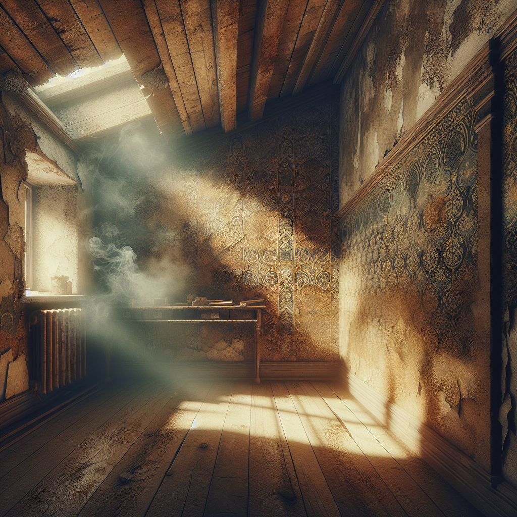 A close-up, high-detail shot of old, textured wallpaper in a dimly lit room, showing distinct yellow and brown nicotine stains and residue. A subtle, almost invisible haze hangs in the air, hinting at a persistent, stale smell. The overall atmosphere is heavy and unwelcoming. Realistic photo, moody lighting, worn texture.
