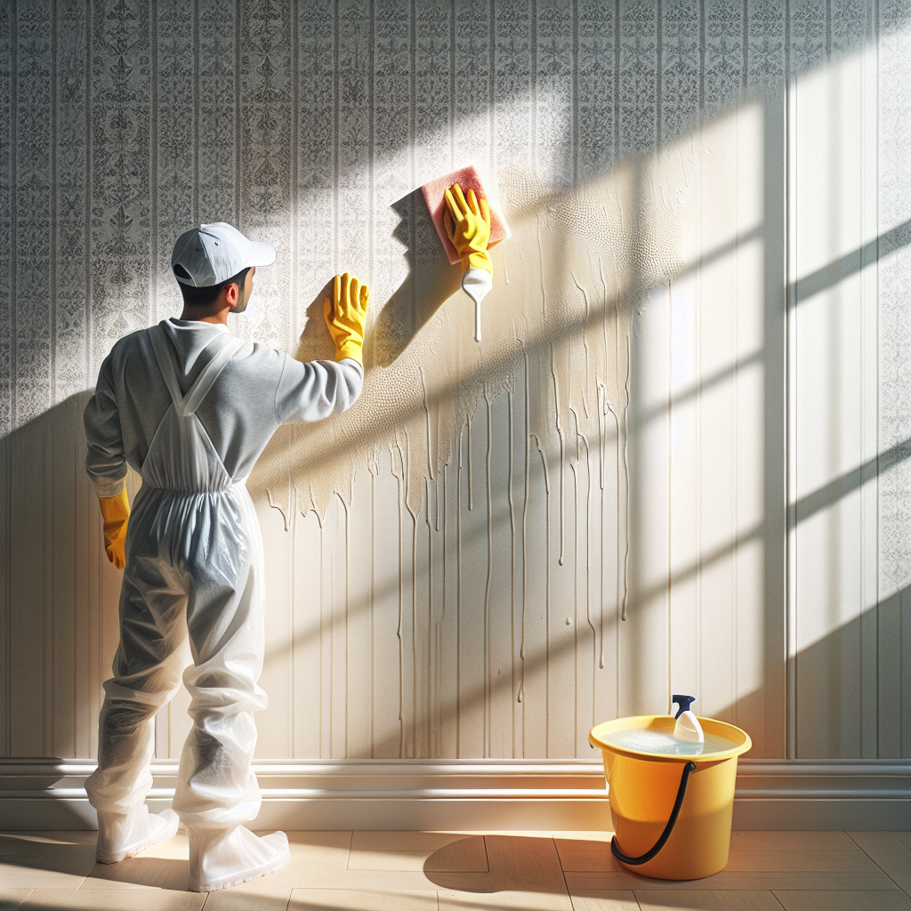 A bright, sunlit room undergoing deep cleaning. A person, wearing protective gloves, is carefully wiping down a section of light-colored wallpaper with a damp sponge, a bucket of cleaning solution (suggesting vinegar water) nearby. The cleaned area looks visibly brighter and fresher, contrasting with a small section that still shows faint nicotine stains. The scene exudes a sense of progress, cleanliness, and the promise of fresh air. Realistic photo, high contrast, natural light.