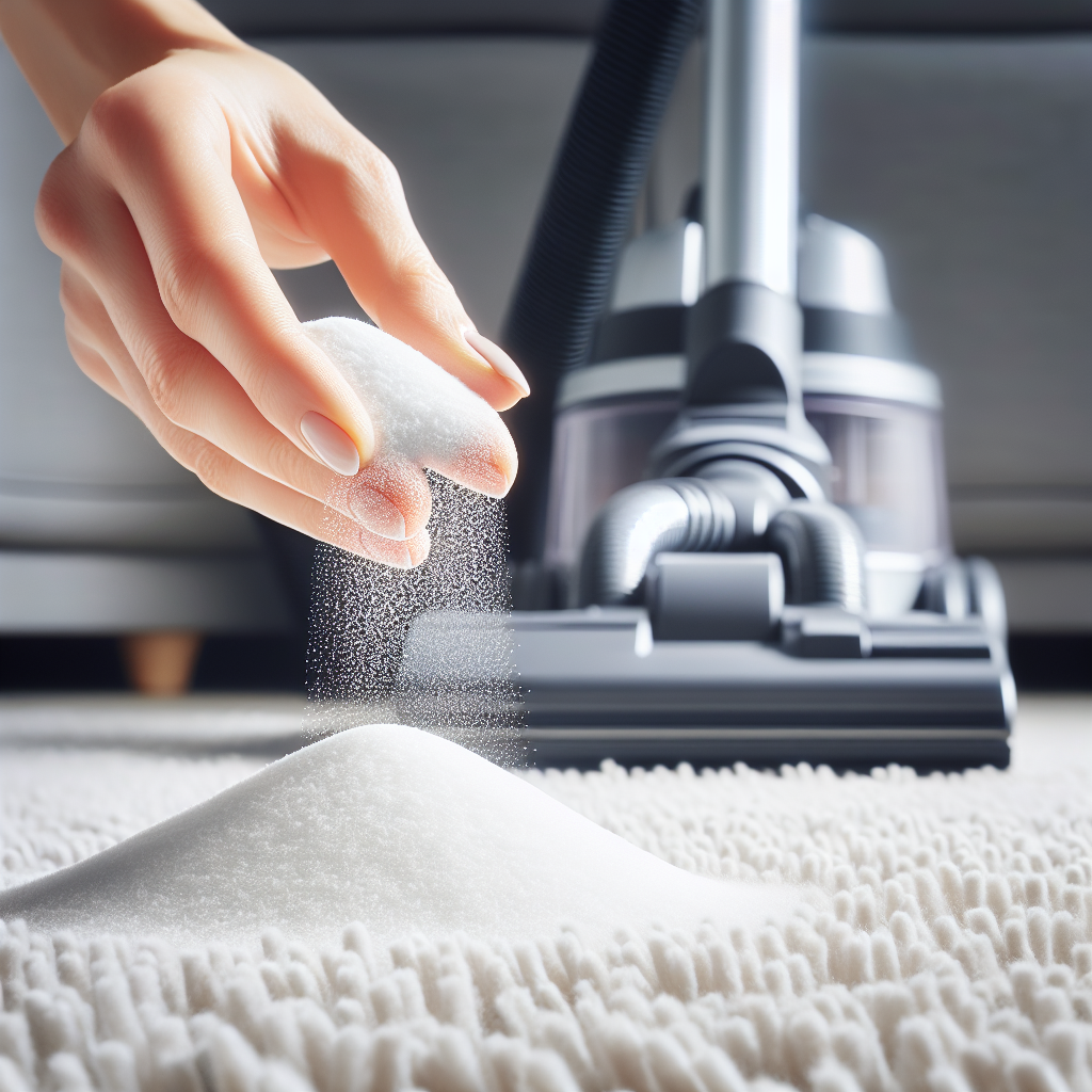 A close-up shot of a hand gently sprinkling white baking soda powder over the fibers of a light-colored, clean carpet. In the softly blurred background, a modern vacuum cleaner is subtly visible. The scene should convey a sense of effective cleaning and a fresh start in a home setting. Realistic photo style, bright lighting.