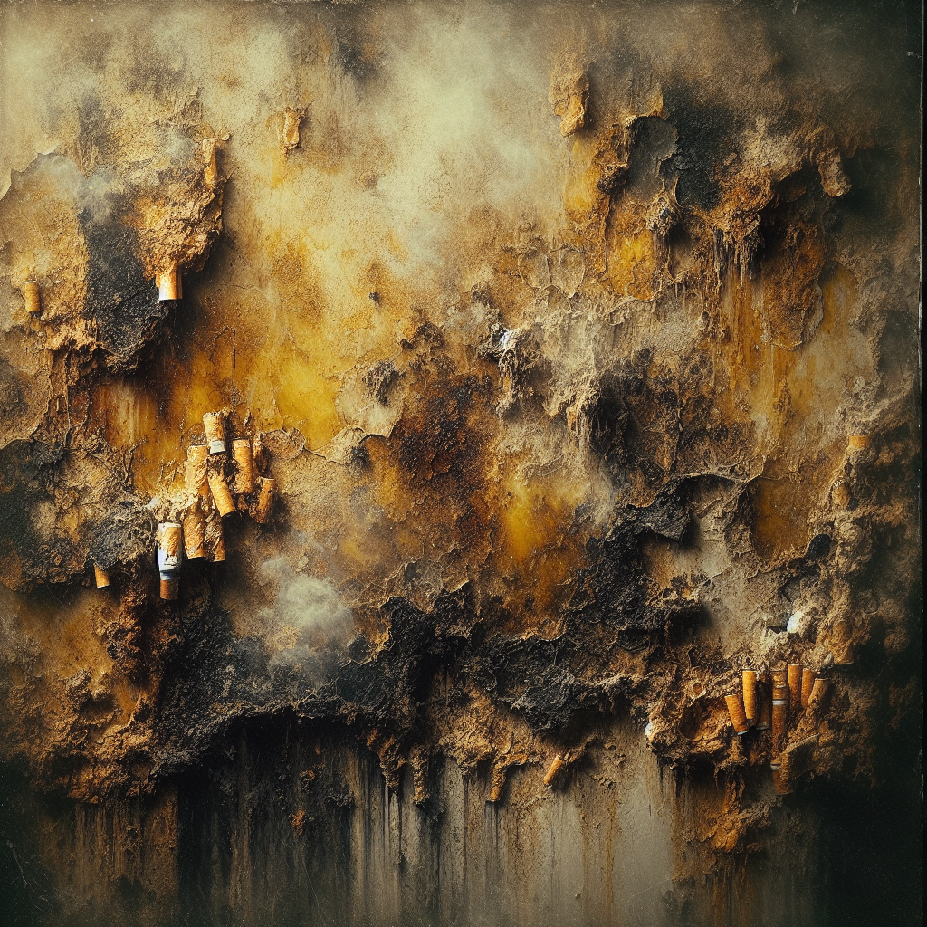 A close-up of an old, discolored wall, heavily stained with a thick, yellow-brown nicotine residue. The texture of the wall is visible, showing the grime embedded in the surface. A faint, almost visible, smoky haze subtly emanates from the wall, conveying the strong, unpleasant cigarette odor. The overall mood is grim and persistent. Realistic, high-detail photograph.