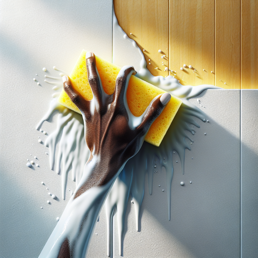 A clean, bright hand holding a white sponge, actively wiping a yellow-stained wall. One part of the wall is visibly clean and fresh white, while the adjacent part still shows the deep yellow nicotine stains, creating a strong contrast. Water droplets or cleaning solution bubbles might be visible on the sponge. The image conveys effort, progress, and a sense of cleanliness emerging. Bright, optimistic, realistic photograph with good lighting.