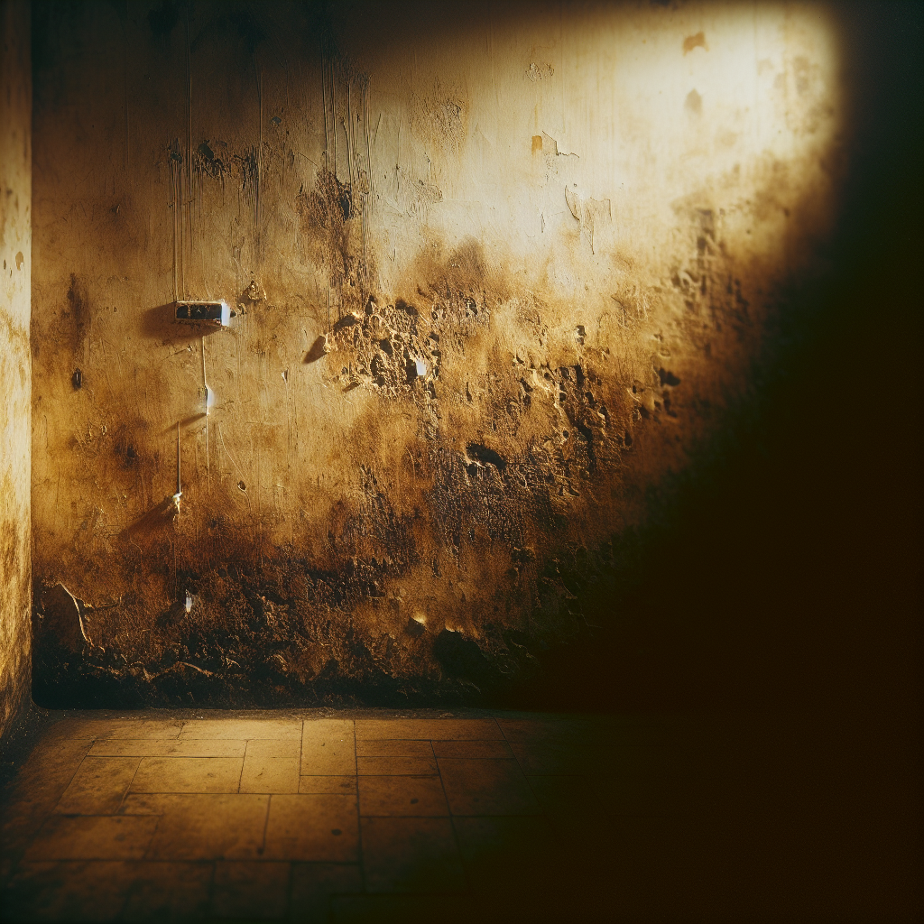 A close-up of a heavily nicotine-stained, yellowish wall in an old, dimly lit room. The wall shows visible discoloration and a sense of neglect and stale air. Focus on the grimy texture and the unpleasant atmosphere.