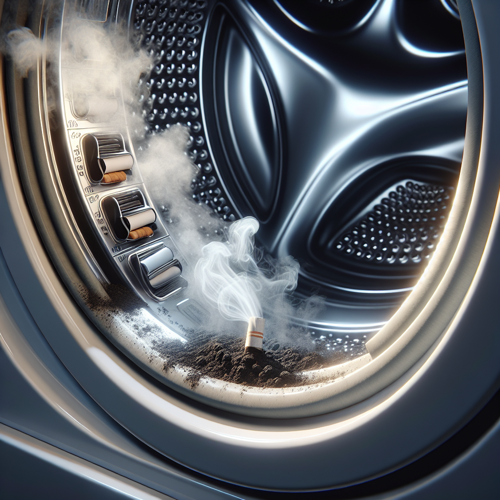 A close-up shot of the open drum of a washing machine, with a subtle, stylized visual representation of unpleasant smoke or nicotine odor emanating from the rubber seal and interior. The scene conveys a persistent, bad smell, with a slightly grimy texture on the seal. Realistic, slightly moody lighting.