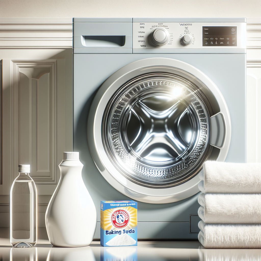 A bright and clean washing machine, door slightly ajar to reveal a sparkling, fresh-smelling drum. Next to the machine, a bottle of white vinegar and a box of baking soda are neatly arranged. A pile of fresh, fluffy white towels symbolizes cleanliness and a pleasant scent. Bright, inviting, and realistic photography style.