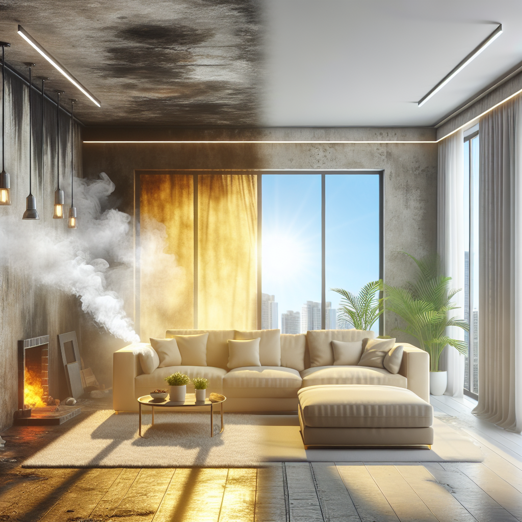 A modern, bright living room transitioning from a dingy, smoke-filled atmosphere on one side to a clean, fresh, and airy space on the other. Emphasize the visual contrast between yellowish-brown smoke stains on the walls and fresh white walls, with sunlight streaming into the clean half. High detail, realistic photography.