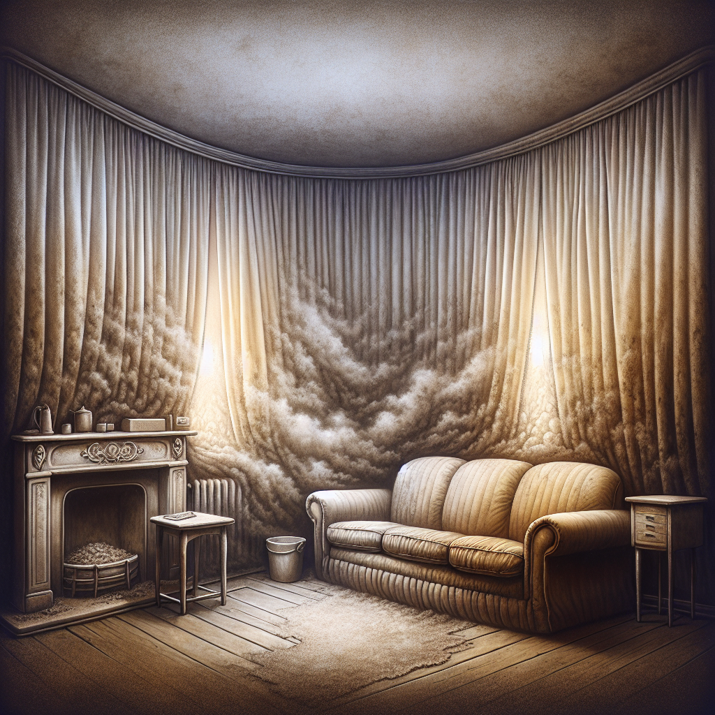 A living room with a visible, yellowish-brown haze representing stale nicotine smoke clinging to curtains, a sofa, and walls, creating an unwelcoming, lingering atmosphere. The scene evokes a strong sense of persistent, unpleasant smell. Realistic, muted colors.