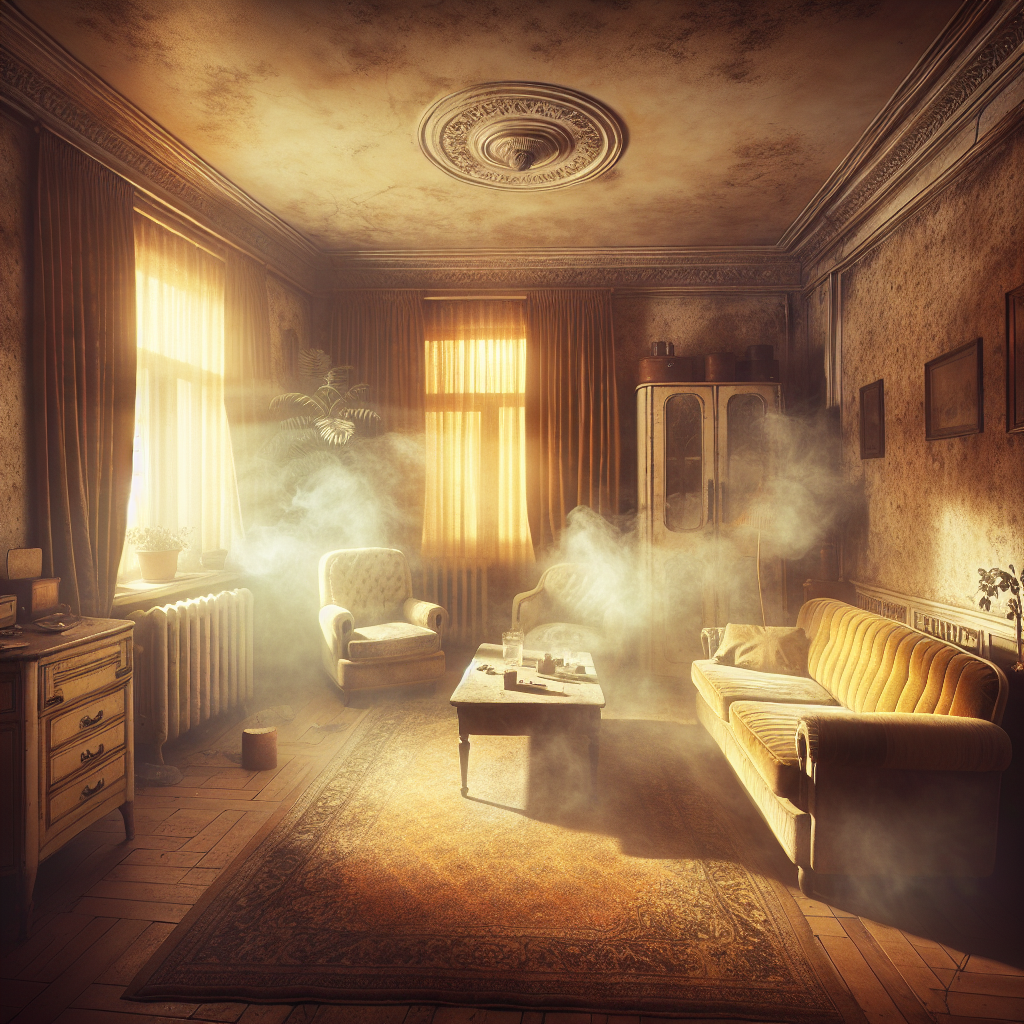 A vintage apartment living room, dimly lit and filled with a thick, yellowish-brown haze representing lingering nicotine smoke. Old furniture, heavy curtains, and walls appear stained and permeated by the stale odor. Dust motes visible in the stagnant air. Realistic, melancholic.