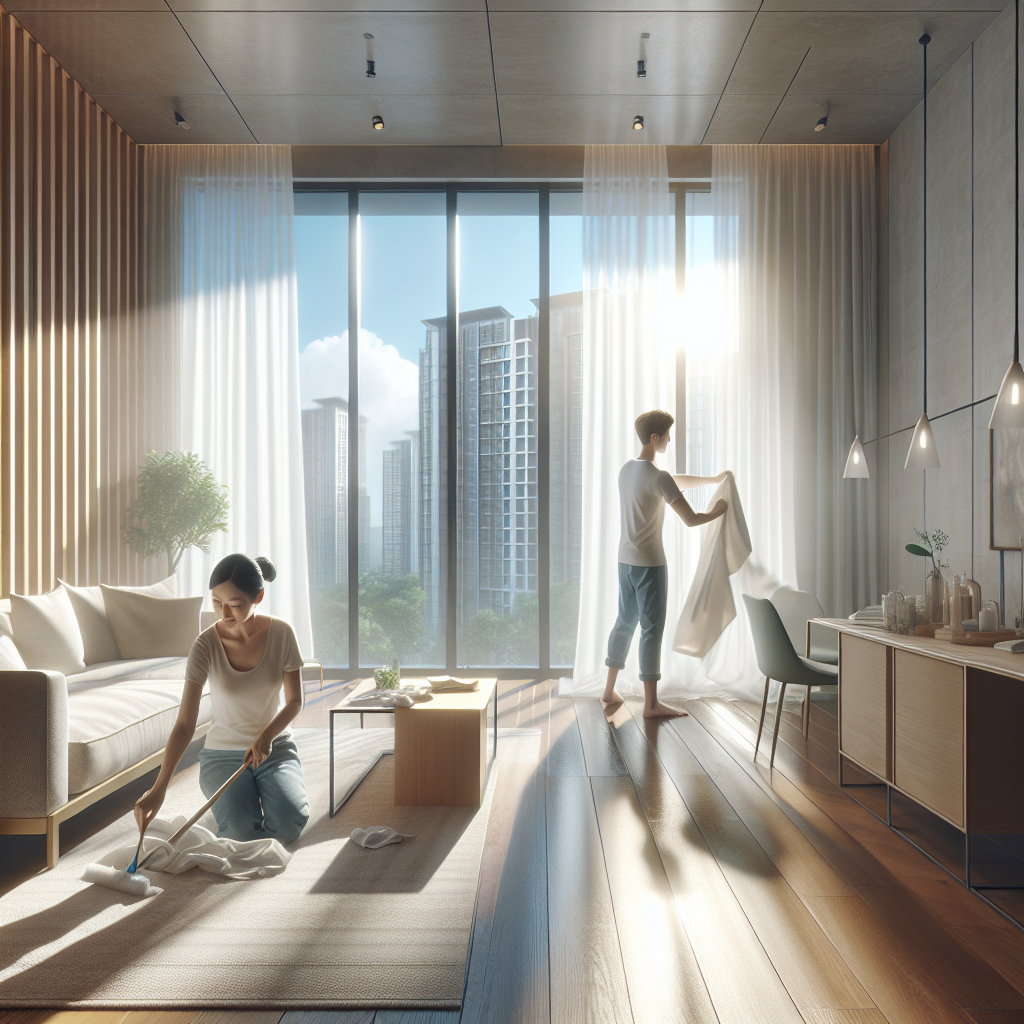 A bright, modern apartment living room with wide-open windows, fresh air blowing through sheer white curtains. A person is actively wiping down a clean wooden surface, while another person is hanging a freshly laundered textile. Sunlight streams in, creating a sense of cleanliness, freshness, and renewal after removing smoke odor. Realistic, vibrant.