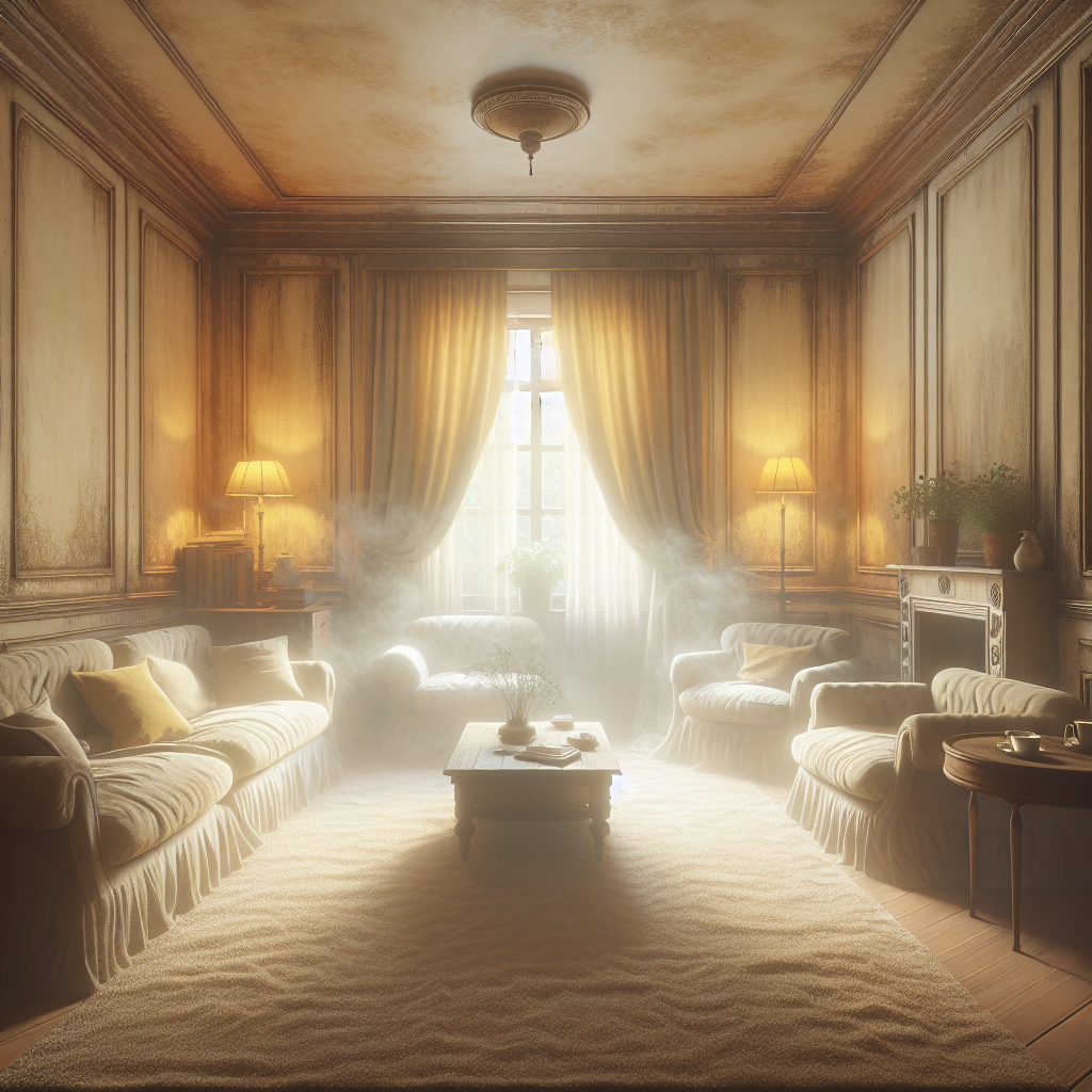 A cozy living room with a subtle, yellowish tint on the walls and fabric furniture, suggesting an aged or stale atmosphere. The air appears slightly heavy, evoking a sense of lingering unpleasant odor. There are no people or smoking items, only the impression of a room in need of a deep clean and refreshment. Realistic photograph, soft natural light.