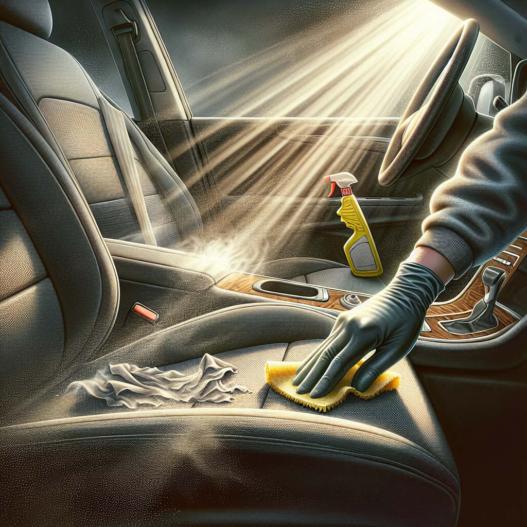 A detailed, realistic photo inside a car cabin, focusing on a partially cleaned car seat and dashboard. Sunlight highlights visible dust particles or a subtle haze, implying lingering cigarette smoke. A hand, wearing a cleaning glove, is actively scrubbing an upholstery section with a cleaning spray and microfiber cloth, demonstrating the effort to remove stubborn nicotine residue. The scene conveys a sense of diligent cleaning in progress.