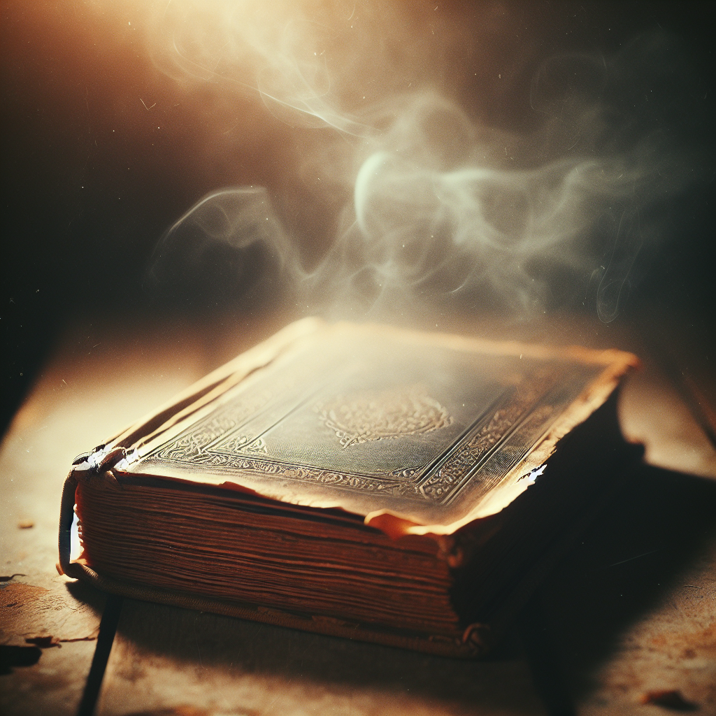 A close-up shot of an old, well-worn book with slightly yellowed pages, subtly emanating a faint, stale smoke haze. The background is softly blurred, hinting at an aged environment, emphasizing the unpleasant odor problem. The lighting is somewhat dim, creating a melancholic mood.