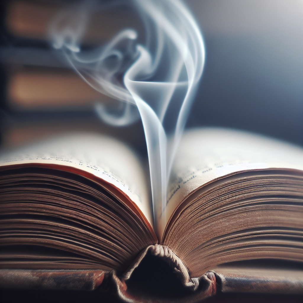 A close-up of an old, well-worn book, slightly open, with subtly yellowed pages. A faint, wispy grey smoke is depicted gently rising from between the pages, symbolizing a lingering nicotine smell. The background is soft and out of focus, emphasizing the book.