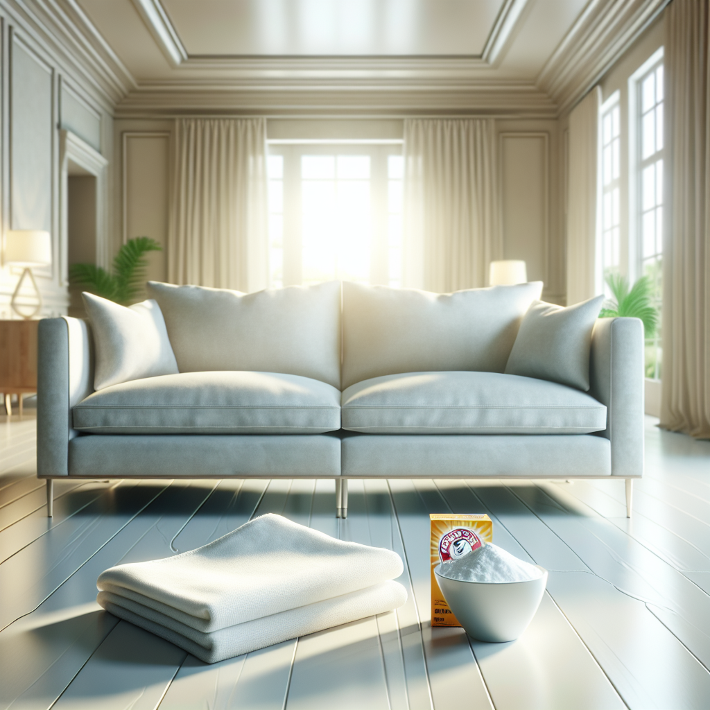 A clean, inviting light-colored sofa in a bright, airy living room. A small, open bag of baking soda and a clean, folded white cloth are subtly placed on the sofa, hinting at a successful freshening process. The overall mood is fresh, clean, and serene, bathed in soft natural light.
