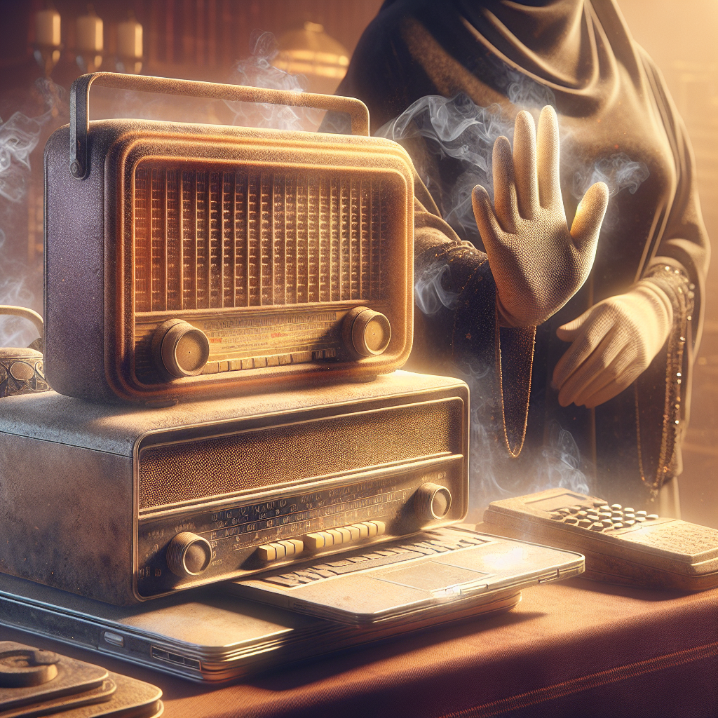A close-up of an old, slightly dusty vintage radio or an opened laptop, emitting a subtle, yellowish haze to visually represent a lingering unpleasant nicotine smell. A person's hand, wearing a glove, is cautiously hovering nearby, indicating the annoyance. The background is a blurred, warm indoor setting, realistic and detailed.