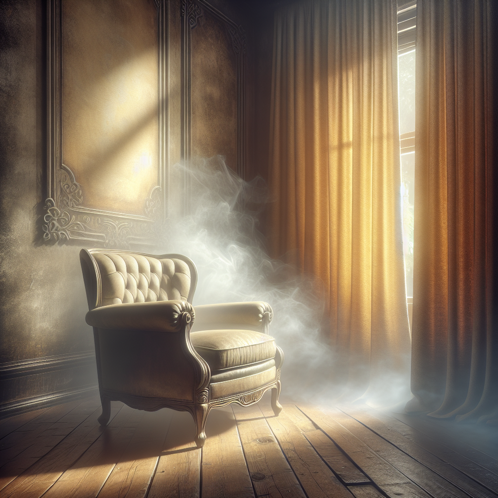 A slightly worn, vintage armchair and curtains in a room. A subtle, yellowish-brown tint and a faint, lingering smoke-like aura visibly cling to the fabric, symbolizing a persistent and unpleasant nicotine smell. Through a nearby window, bright, clear daylight streams in, representing the desire for freshness. Realistic photo style, soft focus, slightly muted colors contrasting with the bright window light.