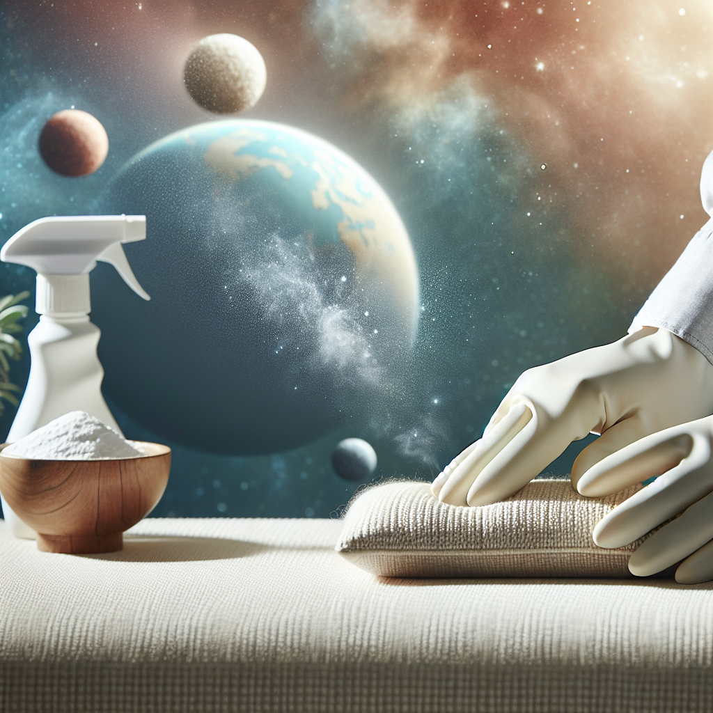 Close-up shot of hands, wearing light gloves, actively cleaning a textile surface, like a sofa cushion or car seat. A spray bottle and a bowl of white powder (representing natural cleaners like vinegar/baking soda) are nearby. The area being cleaned looks visibly fresher and brighter, conveying effective odor removal. Bright, clean, and optimistic aesthetic, realistic photo style, soft light.