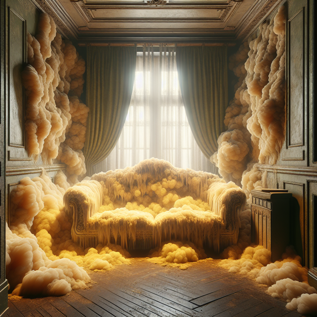 A dimly lit, realistic living room interior filled with a visible, thick yellowish-brown haze of stale nicotine smoke clinging heavily to old fabric curtains, a worn sofa, and the walls. The atmosphere is heavy and unpleasant, emphasizing the stubborn, lingering smell. The room appears neglected and permeated.