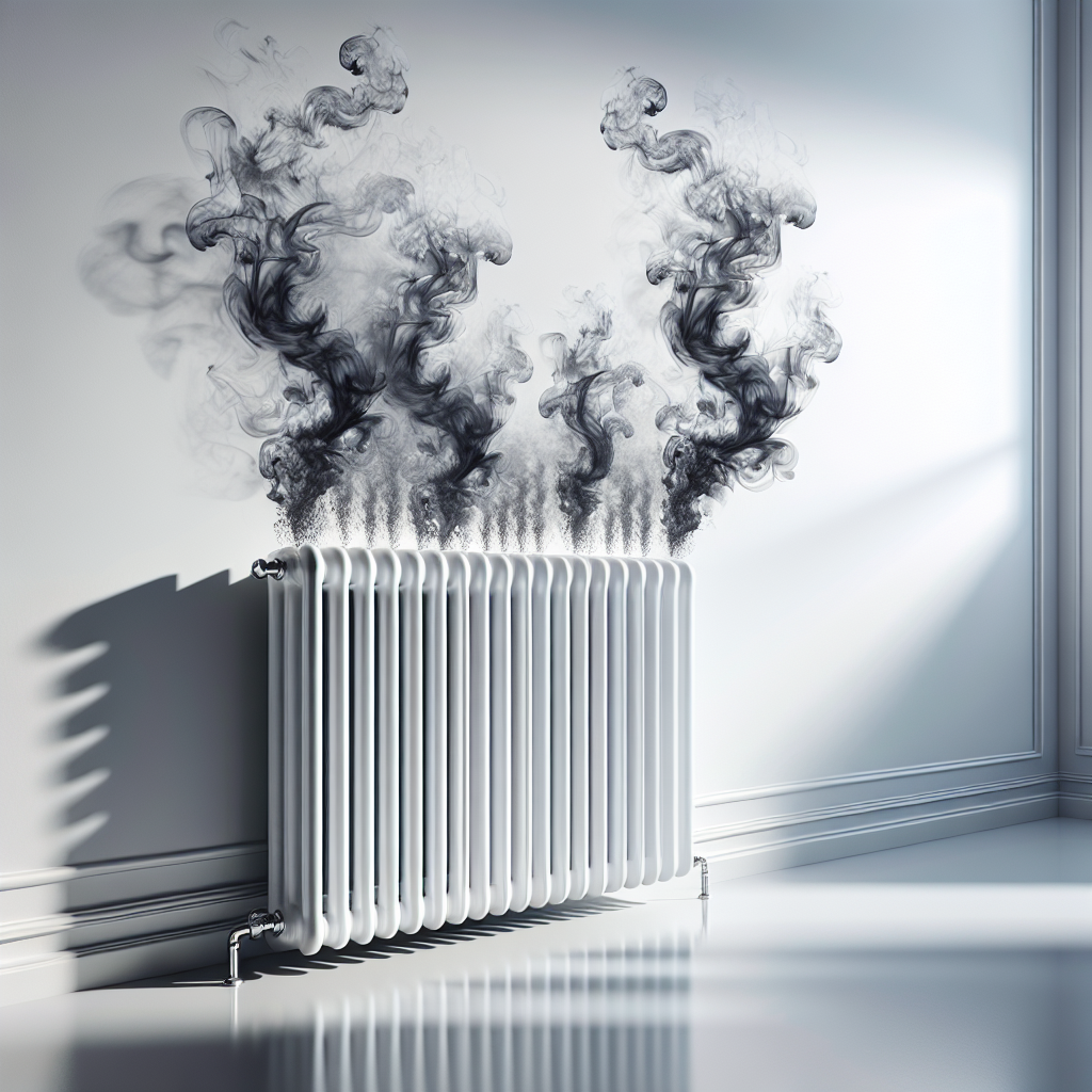 A modern white radiator in a clean, bright room, emitting visible, dark, smoky tendrils that symbolize an unpleasant nicotine smell. The tendrils should clearly emanate from within the radiator, subtly spreading into the room, creating a sense of discomfort. Realistic photo, focus on the contrast between the clean room and the emanating smell.