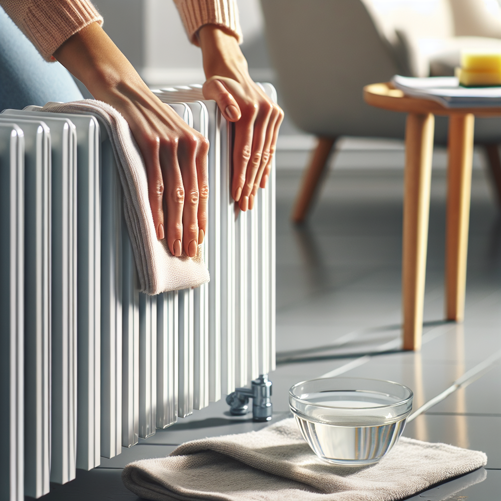 Close-up of a person's hands diligently cleaning the fins and accessible surfaces of a modern white radiator with a damp cloth. A small bowl of clear liquid (symbolizing vinegar water) is visible nearby on the floor or a stool. The background shows a clean, bright room, suggesting a fresh and restored environment after cleaning. Realistic photo, focus on the cleaning action and the promise of cleanliness.