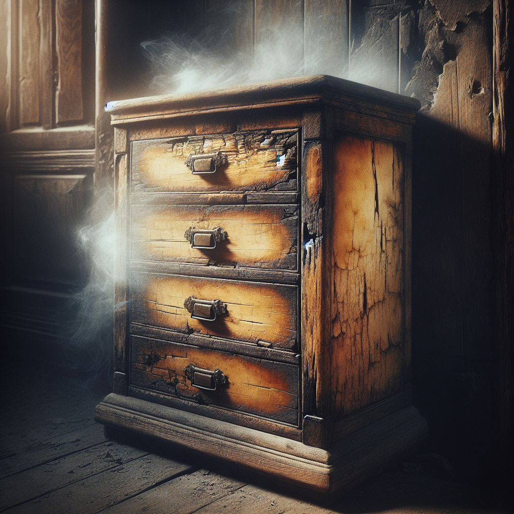 A close-up of an old, weathered wooden cabinet or chest of drawers, with visible yellowish-brown stains and a subtle, dark, unpleasant haze emanating from the wood, symbolizing persistent nicotine smell. The lighting is dim, conveying an old, smoky indoor atmosphere. Realistic style, high detail.