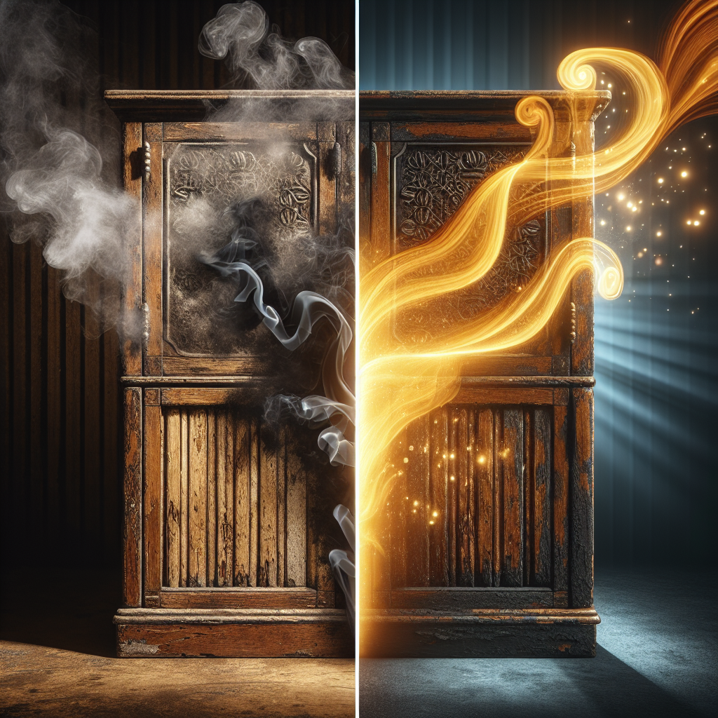A dramatic split image of an antique wooden cabinet. One half is dark, visibly permeated with a subtle, swirling yellowish smoke, representing nicotine smell. The other half is bright, clean, and fresh, with light reflections, symbolizing successful odor removal. Realistic, high contrast, warm and cool lighting.