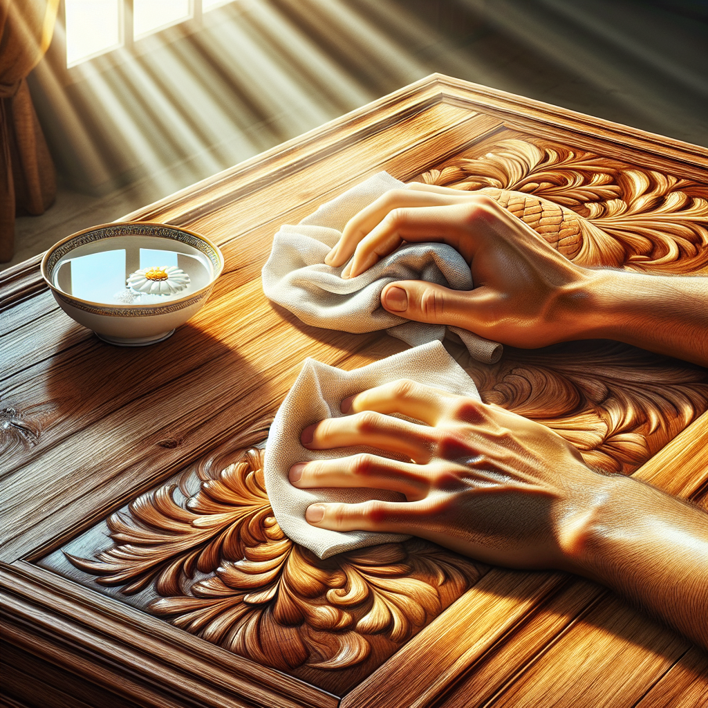 A bright, clean image of a person's hands gently wiping a section of a beautiful, restored wooden table with a soft cloth. A small bowl of clear, soapy water or vinegar solution is nearby. Sunlight streams into the room, creating a fresh, airy atmosphere. The wood looks clean and vibrant. Realistic, warm tones.