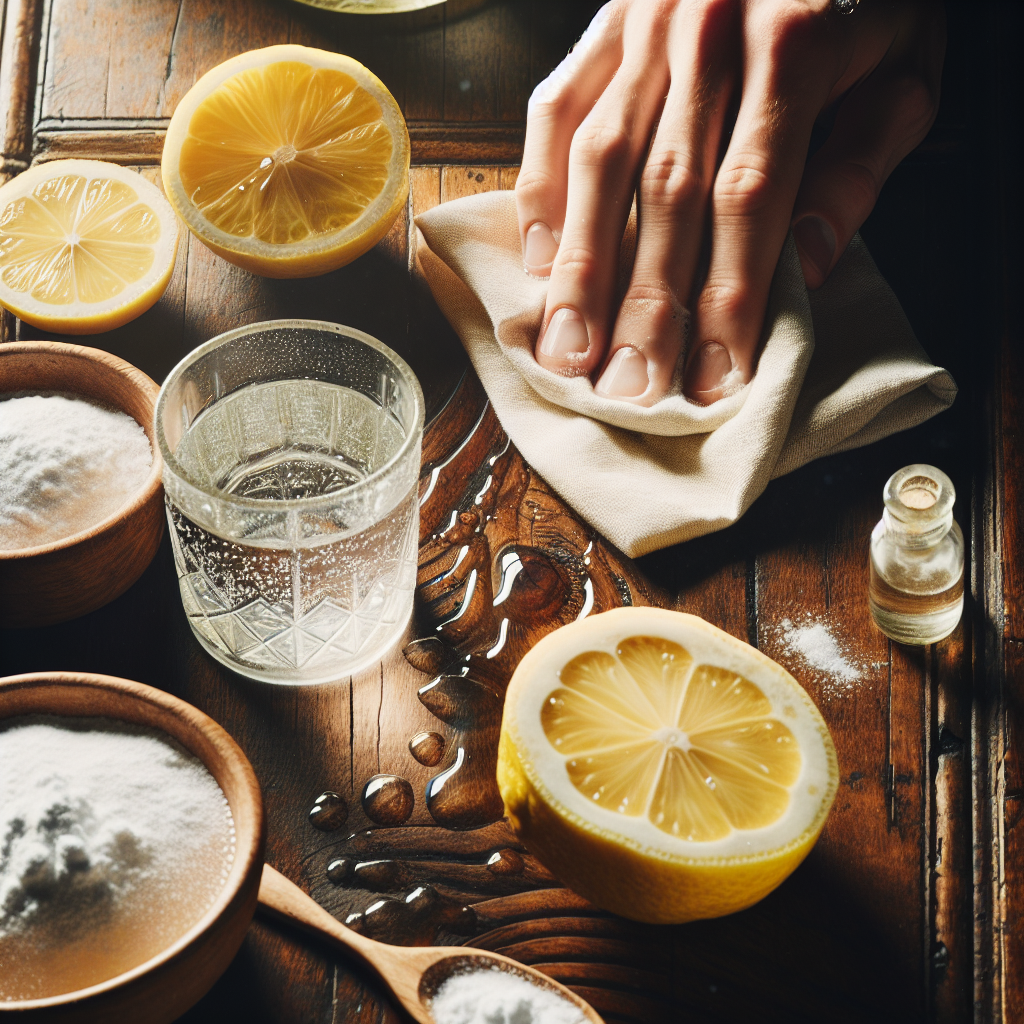 Close-up shot of hands, gently wiping an old wooden surface (like a table or dresser top) with a damp cloth. Nearby on the wooden surface are natural cleaning agents: sliced lemons, a small bowl of baking soda, and a clear glass of water with a hint of soap bubbles. Bright, clean, and detailed, focusing on the act of cleaning and natural remedies.