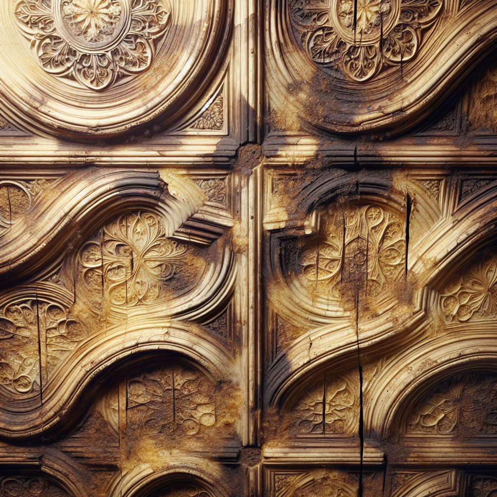 Close-up of an old, intricate wooden ceiling visibly discolored and stained with yellow-brown nicotine residue, showing the porous nature of the wood that traps odors. The atmosphere is slightly dim and aged, conveying the persistent problem. Realistic, detailed, high resolution.