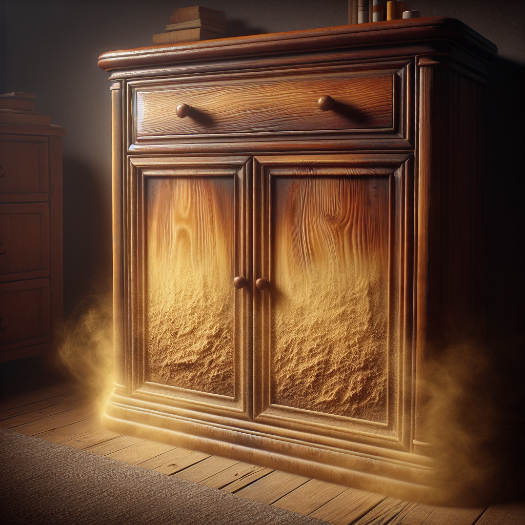 Ein alter Holzschrank oder eine Kommode, sichtbar von jahrelangem Zigarettenrauch beeinträchtigt. Das Holzmaser sollte matt und leicht verfärbt wirken. Eine leichte, fast sichtbare, gelbliche Dunstschicht oder eine atmosphärische Darstellung abgestandener Luft um das Möbelstück herum, die den starken Nikotingeruch vermittelt. Die Szene ist leicht gedämpft beleuchtet, um das Problem hervorzuheben. Realistischer Stil, hohe Detailgenauigkeit der Holztextur.