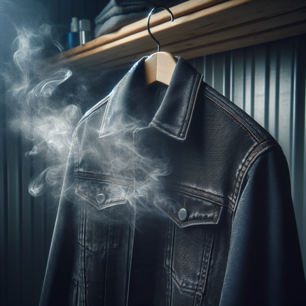 Realistisches Foto einer dunklen Stoffjacke (z.B. Jeans- oder Winterjacke), die drinnen hängt. Dezente, dunkle, rauchähnliche visuelle Elemente strömen von der Jacke aus und symbolisieren einen starken, unangenehmen Nikotingeruch. Der Hintergrund ist leicht unscharf und deutet auf einen geschlossenen Raum hin. Stimmungsvolle Beleuchtung, Fokus auf den hartnäckigen Geruch.