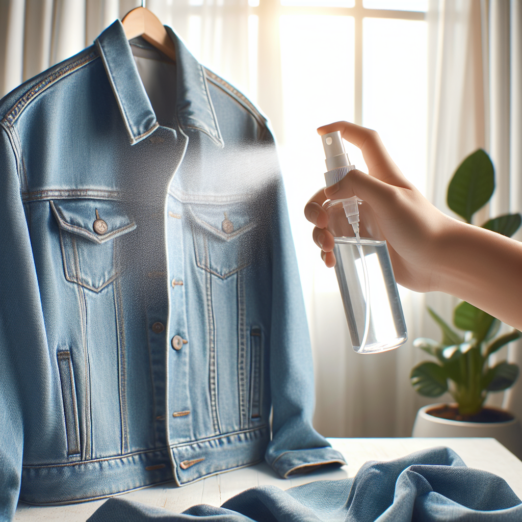 Helles und frisches realistisches Foto einer Hand, die eine saubere Stoffjacke (z.B. Jeansjacke) sanft mit einer Sprühflasche, die eine klare Flüssigkeit enthält, besprüht. Dies geschieht vor einem Fenster oder in einem gut beleuchteten Bereich. Ein dezenter Hinweis auf frische Luft oder natürliches Licht. Die Gesamtstimmung ist Sauberkeit, Wirksamkeit und Geruchsentfernung. Fokus auf ein Hausmittel.