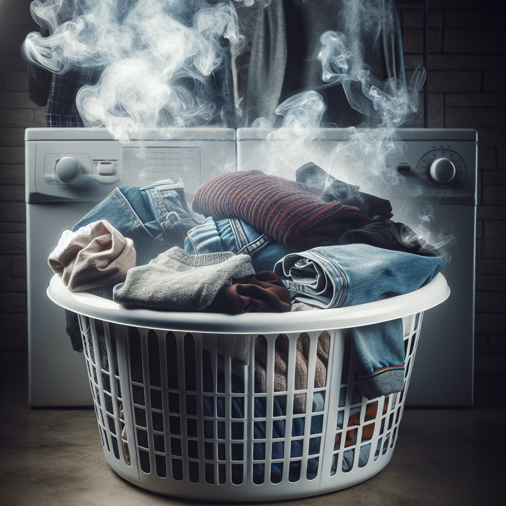A pile of various clothes (t-shirt, jeans, sweater) in a laundry basket, with subtle, wispy cigarette smoke visually clinging to them, creating a slightly dull and stale appearance. The atmosphere should feel heavy and unpleasant. Realistic photography style.