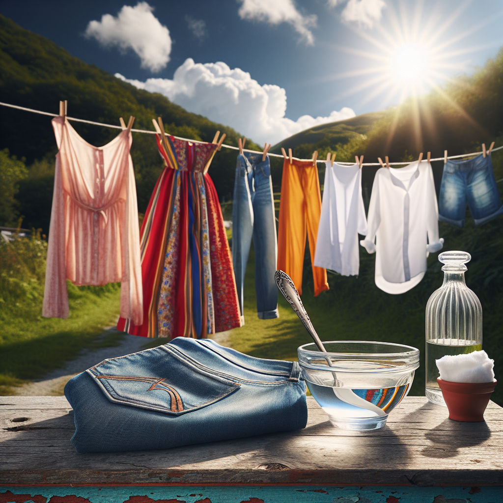 Clean, brightly colored clothes (e.g., a white shirt, blue jeans, a colored dress) hanging on a clothesline outdoors on a sunny day, gently swaying in a fresh breeze. In the foreground, a small, elegant glass bowl containing white vinegar and a small container of baking soda are subtly placed on a rustic wooden table. The scene evokes freshness, cleanliness, and natural solutions. Realistic photography style.