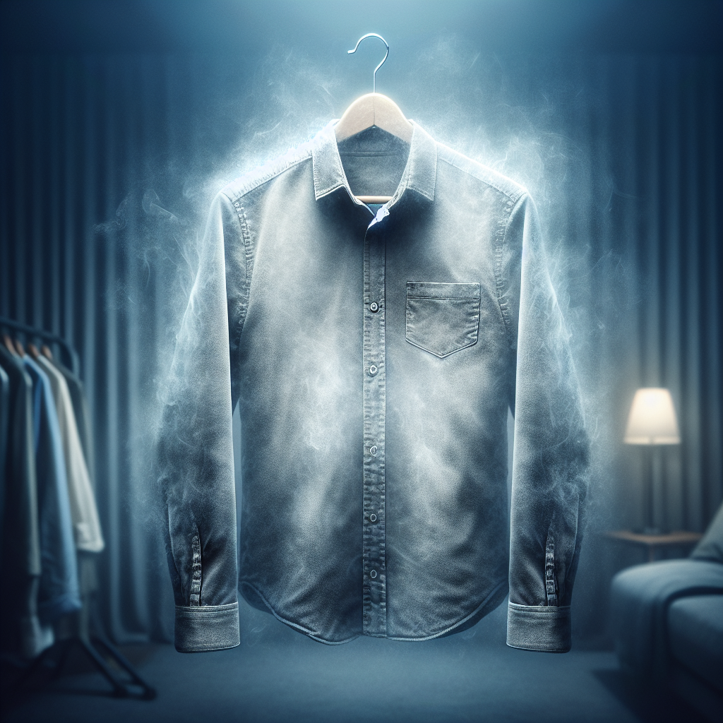 A close-up of a neatly folded shirt or jacket on a hanger, but with a subtle, almost visible haze or faint smoke effect clinging to the fabric, indicating a persistent bad smell. The background is muted, suggesting an indoor setting. The overall mood is slightly stale and in need of refreshing.