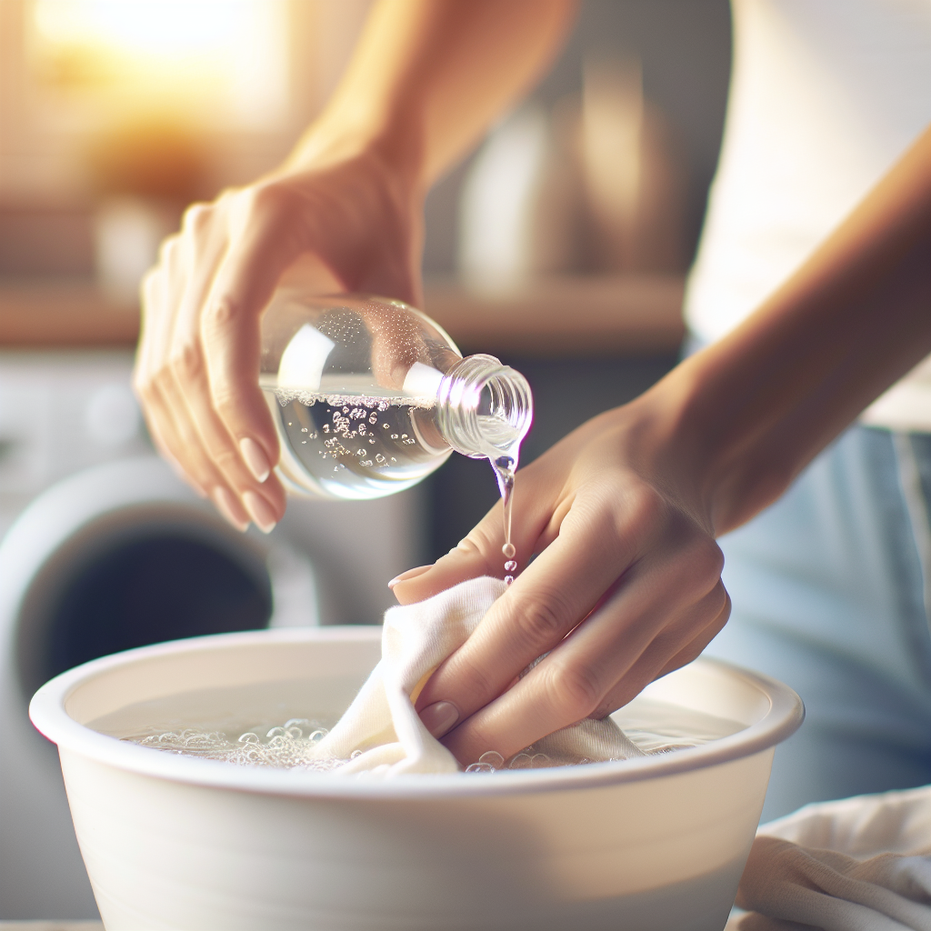 A pair of hands carefully adding white vinegar to a basin of water where a piece of clothing (like a t-shirt) is soaking. Bubbles or a slight fizz indicate a cleaning reaction. The setting is clean and bright, like a laundry room or bathroom, emphasizing freshness and effectiveness. The overall mood is hopeful and active.