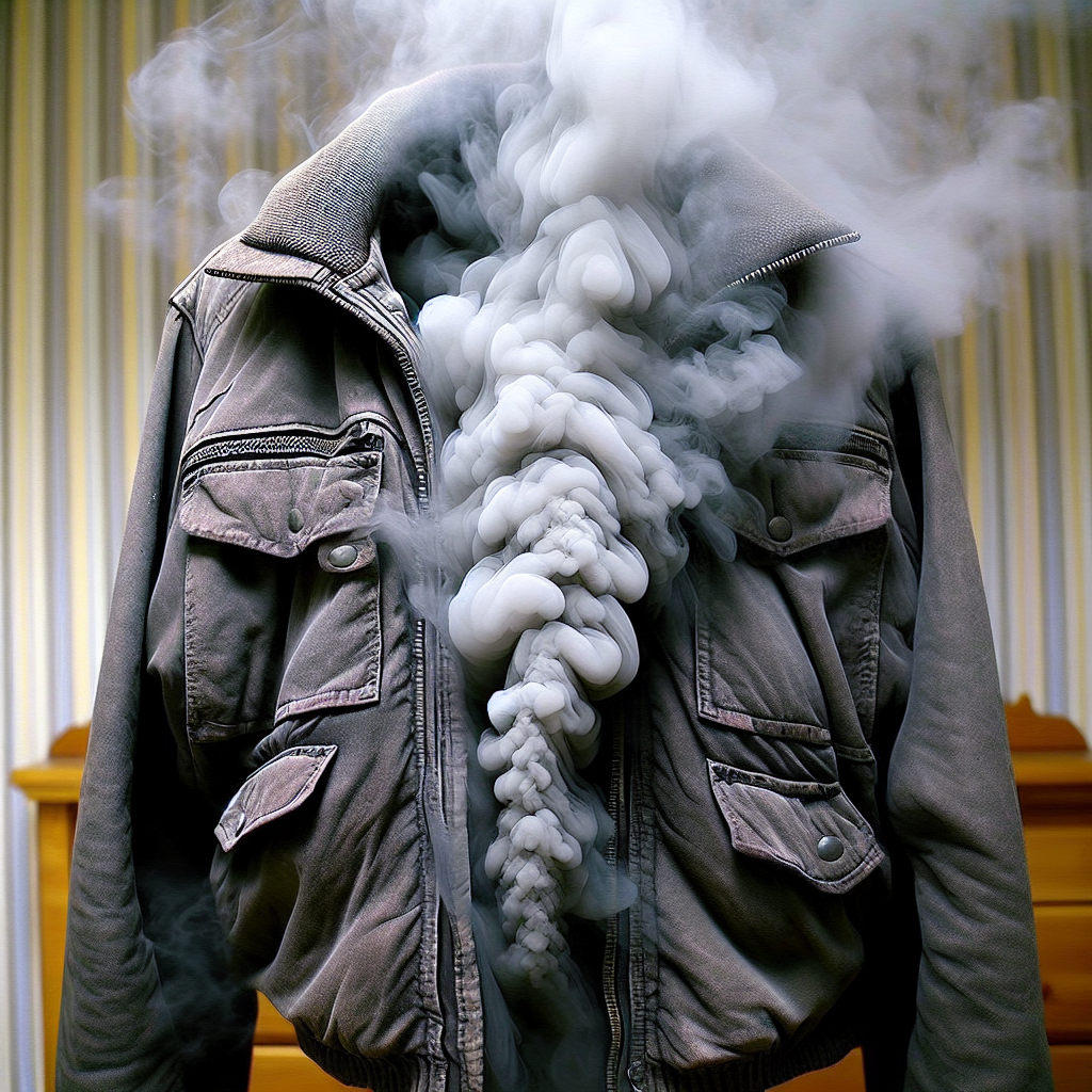 A close-up shot of a crumpled, dark-colored garment (like a jacket or sweater) with a visible, subtle, yellowish-grey haze emanating from it, symbolizing stubborn nicotine smell. The background is slightly blurred, perhaps hinting at a domestic setting. Realistic, slightly muted colors, emphasizing the unpleasantness.