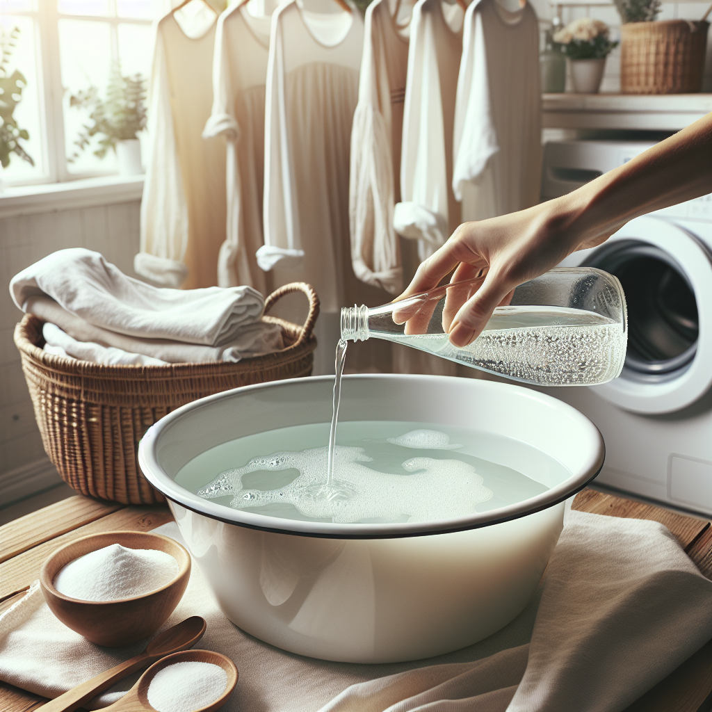 A bright and airy laundry room scene. A hand pours white vinegar from a bottle into a tub of water with clothes soaking. A small bowl of baking soda is next to it. In the background, sunlit, clean, fresh-smelling clothes are hanging on a drying rack. Soft, natural light, clean aesthetic, focus on the effectiveness of home remedies.