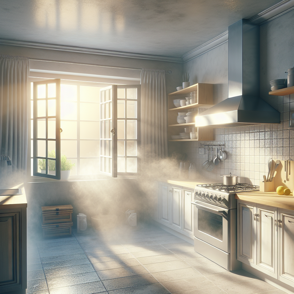 A kitchen interior with a subtle, stale smoky atmosphere, but a wide-open window lets in a strong, fresh breeze and bright sunlight, hinting at the beginning of ventilation. Realistic style, natural light.