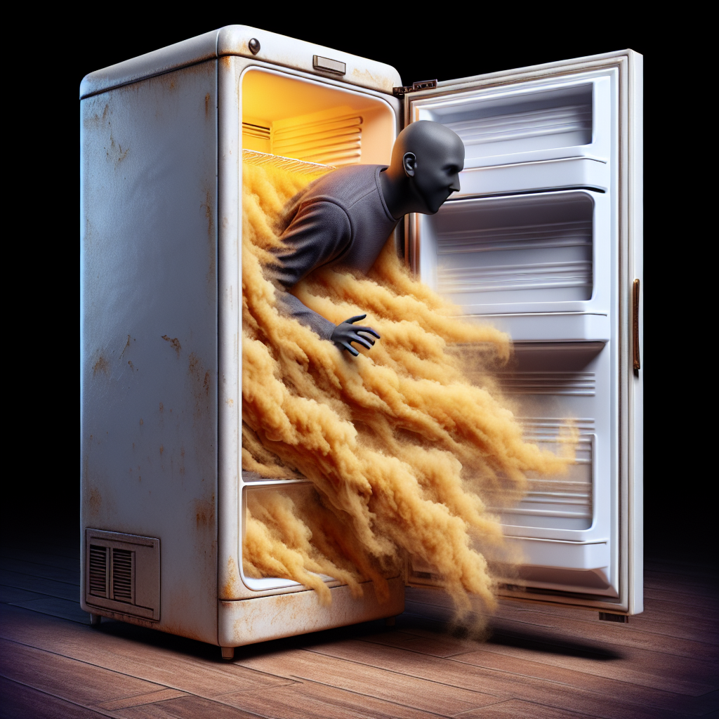 A person opening an old, slightly yellowed refrigerator, recoiling with a look of disgust as a subtle, translucent brown-yellow haze emanates from the interior, symbolizing a strong, stale nicotine smell. Realistic photo, slightly dim and cool lighting.