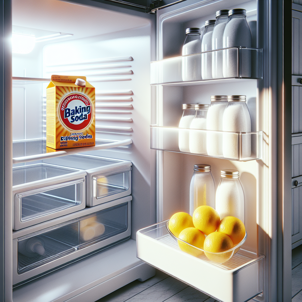 A pristine, sparkling clean refrigerator interior with gleaming white shelves and clear glass drawers. An open box of baking soda and a small bowl of fresh lemon slices sit on a shelf. The scene radiates freshness, hygiene, and a feeling of complete cleanliness. Bright, natural lighting, realistic photo.