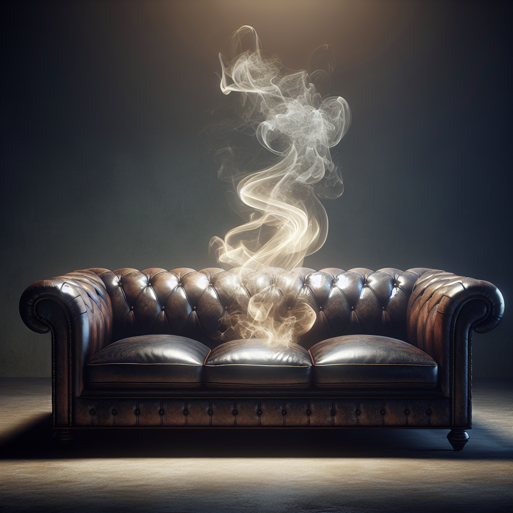 A luxurious dark brown leather couch in a subtly dim, slightly stale-looking living room. Wisps of an abstract, subtle yellowish-grey smoke or odor metaphorically rise from the couch cushions, symbolizing an ingrained nicotine smell. The overall atmosphere feels uninviting and heavy. Realistic photo, atmospheric lighting, moody.