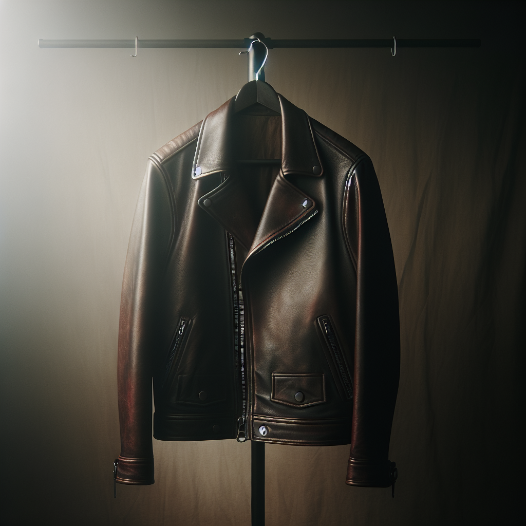 A vintage, well-worn dark brown leather jacket, hanging on a minimalist hanger in a subtly smoky, atmospheric room. The light is soft, hinting at a lingering, unpleasant odor, but the jacket itself retains a certain cool, challenging allure. Realistic photography, high detail.