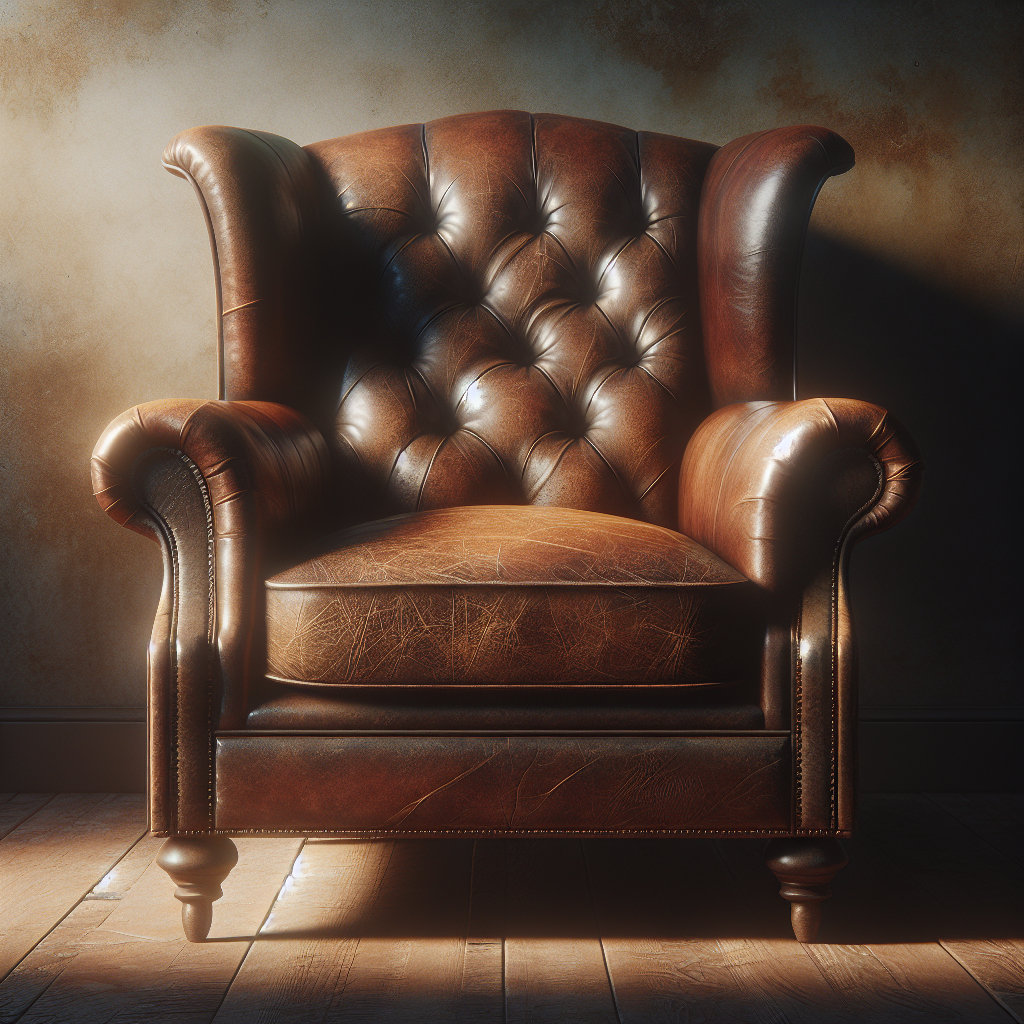 A well-worn vintage brown leather armchair in a softly lit, somewhat dim room. The armchair has a deep, rich texture, hinting at years of use. The atmosphere should subtly evoke a sense of lingering, deep-seated odors, perhaps through a slightly muted color palette and gentle, diffused light. Realistic, high-resolution photograph.