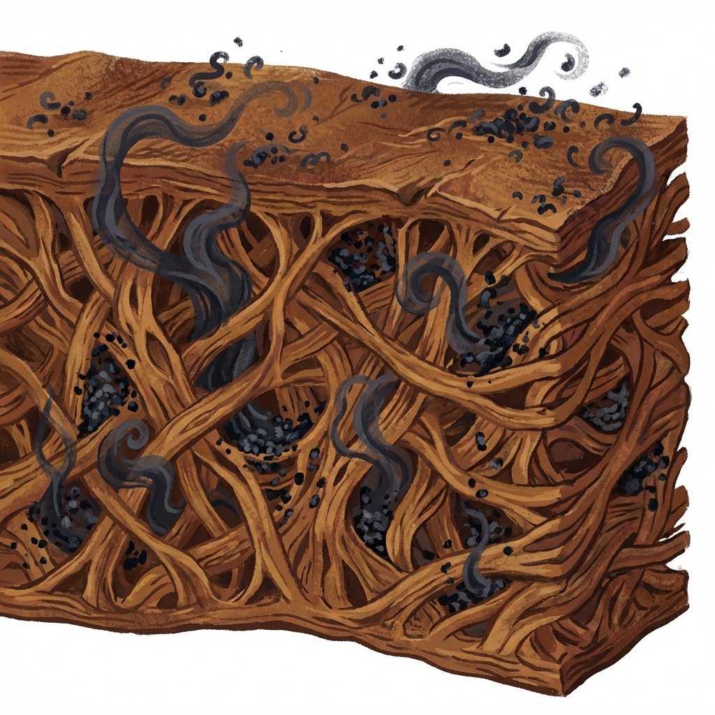 A high-magnification, detailed illustration depicting a cross-section of a luxurious brown leather surface. Visible are the intricate, porous fibers of the leather. Abstract, dark, swirling smoke-like particles, representing nicotine and tar, are deeply embedded within these pores, clinging to the leather fibers. Some particles are also scattered on the surface, emphasizing the persistent nature of the smell. The illustration should convey a sense of depth and the challenge of removal. Flat illustration style with a slight textural feel, using warm, earthy tones for the leather and contrasting dark, smoky hues for the particles.