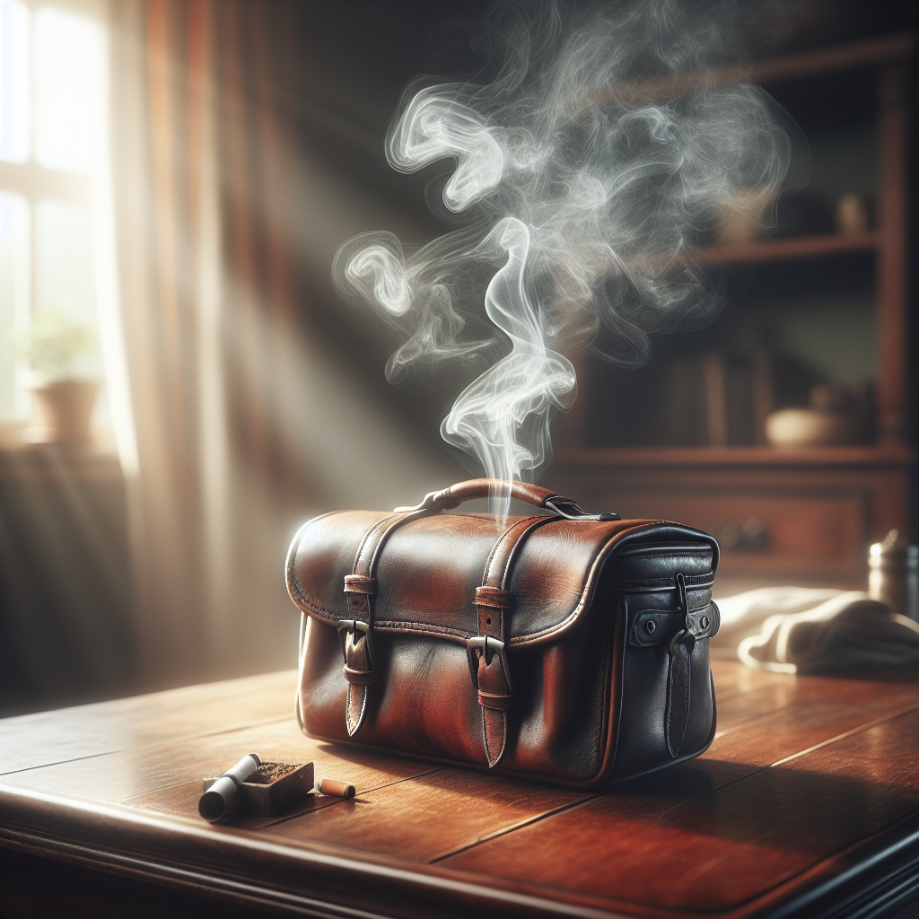 A stylish, well-worn vintage brown leather satchel sits on a clean wooden table. Above the open bag, subtle, transparent wisps of a grey, unpleasant smoke subtly rise and dissipate, symbolizing a lingering nicotine smell. The background is softly blurred, suggesting a clean, warm home environment. High detail, realistic photography, soft natural light.