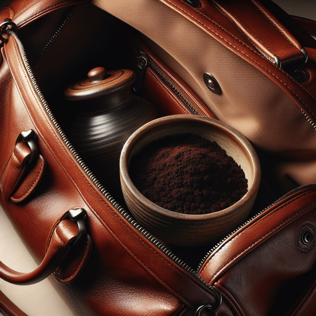 A close-up shot of an elegant, open brown leather handbag. Inside, a small, rustic ceramic bowl filled with dark, aromatic coffee grounds is carefully placed, ready to absorb odors. The rich texture of the leather is prominent, and the scene conveys a sense of natural cleaning and freshness. Warm, inviting lighting, high detail, realistic photography.