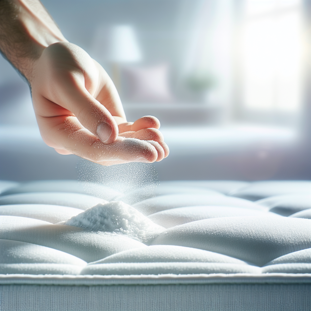A bright and airy photo of a clean, light-colored mattress. A hand is gently sprinkling a fine white powder (representing baking soda) evenly across the mattress surface. Soft natural light streams in, illuminating the scene and creating a sense of freshness and effective cleaning. Realistic photography, shallow depth of field.