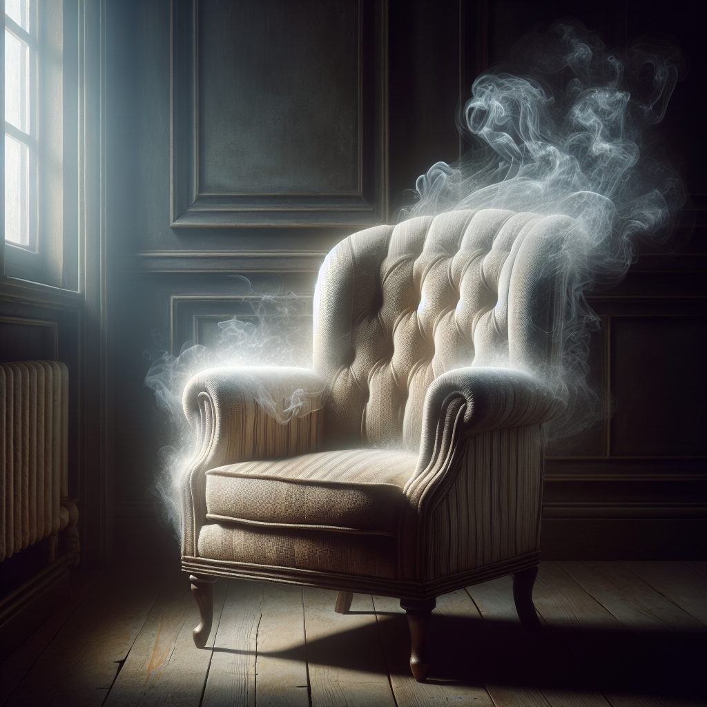 A vintage upholstered armchair in a dimly lit room, with a subtle, almost transparent smoky haze clinging to its fabric, conveying a persistent old cigarette smell. Realistic style, muted colors.